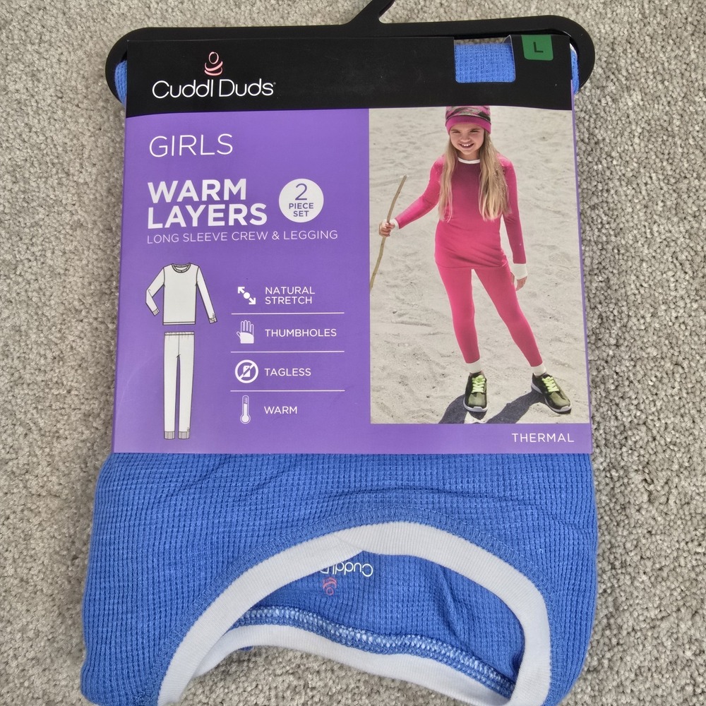 Cuddl Duds Girls L-10/12Light‎ Blue L/S Thermal 2 Piece Top/Bottom Set NEW